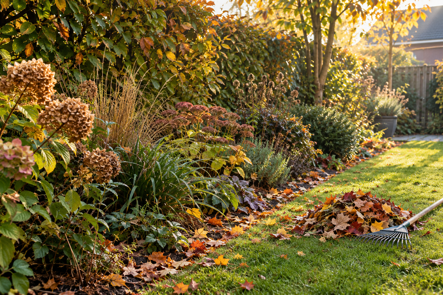 Herfstblad tussen vaste planten in een border, met op het gazon een aangeharkt bladhoopje en een hark.