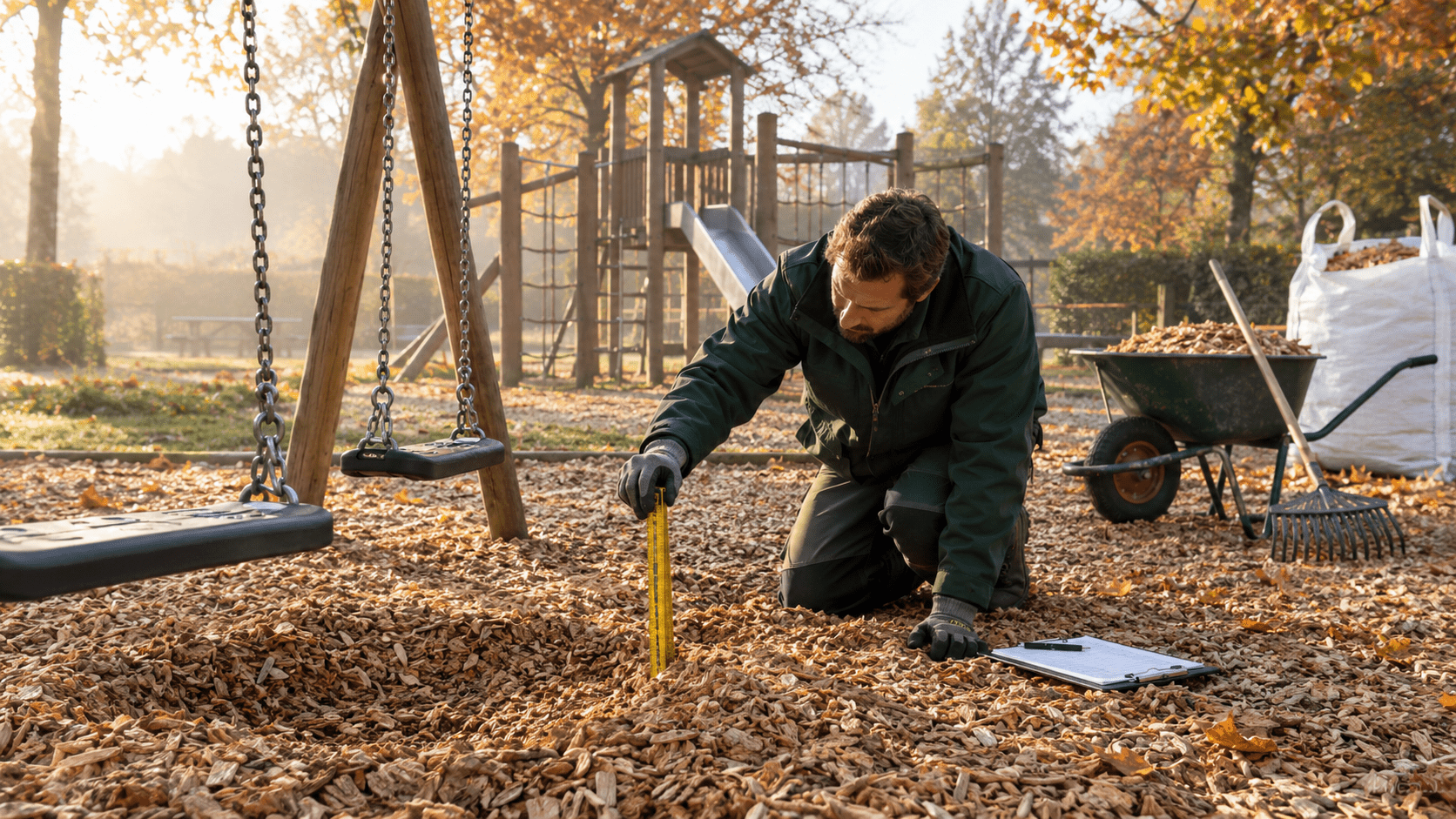 Speelplaatsen winterklaar: valdemping inspecteren en bijvullen - Boomschors.nl
