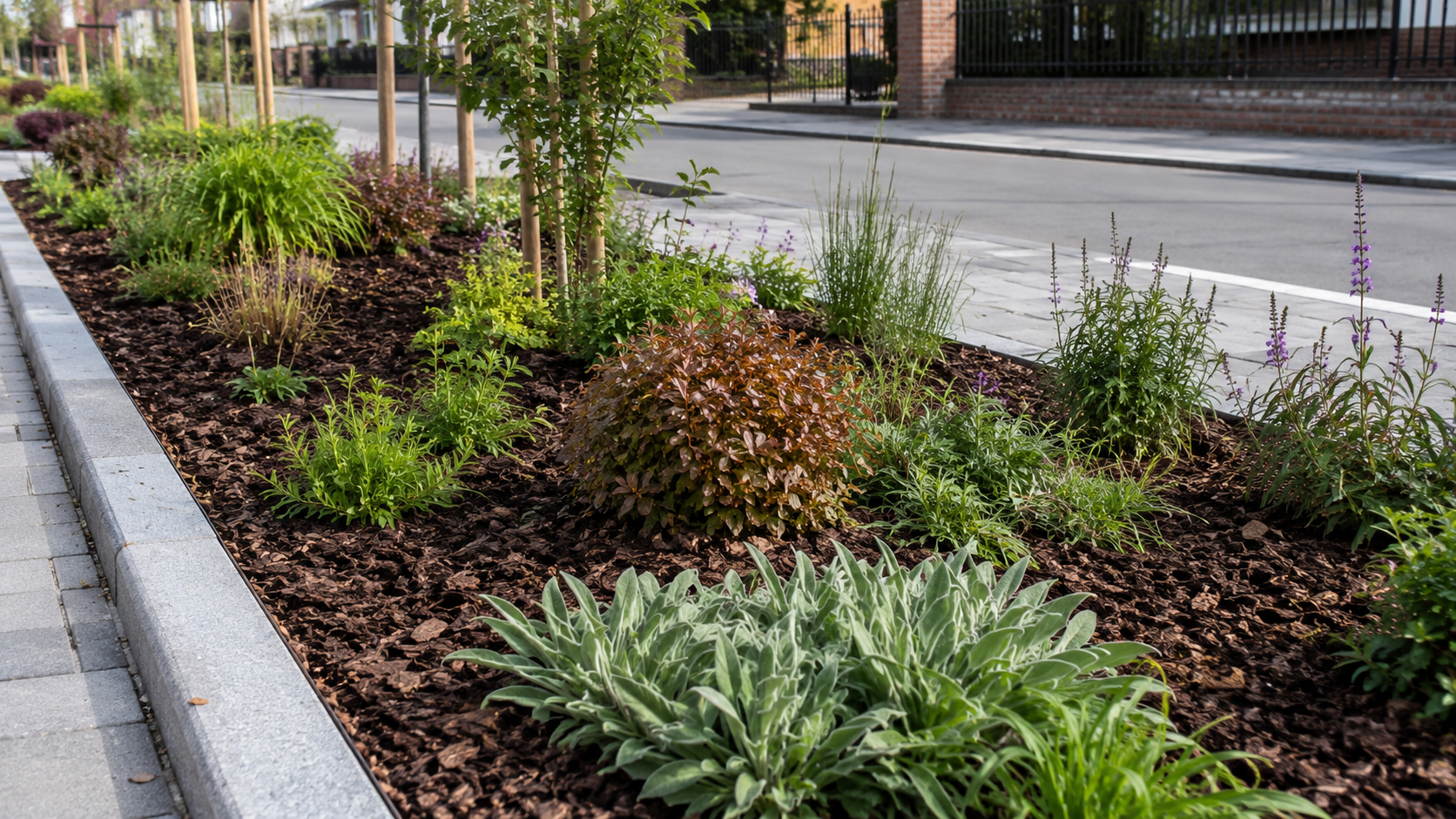 Plantvak in een straat met een nette laag boomschors als bodembedekking langs de stoep