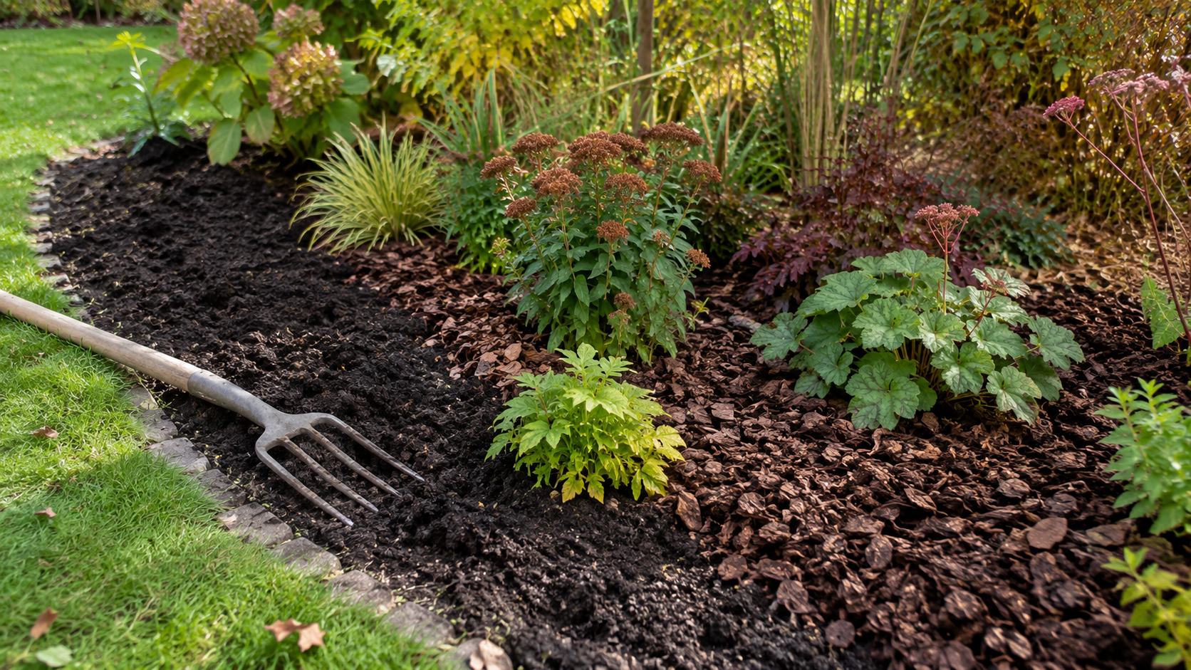 Tuinier werkt compost in een border en werkt af met een laag boomschors in het najaar