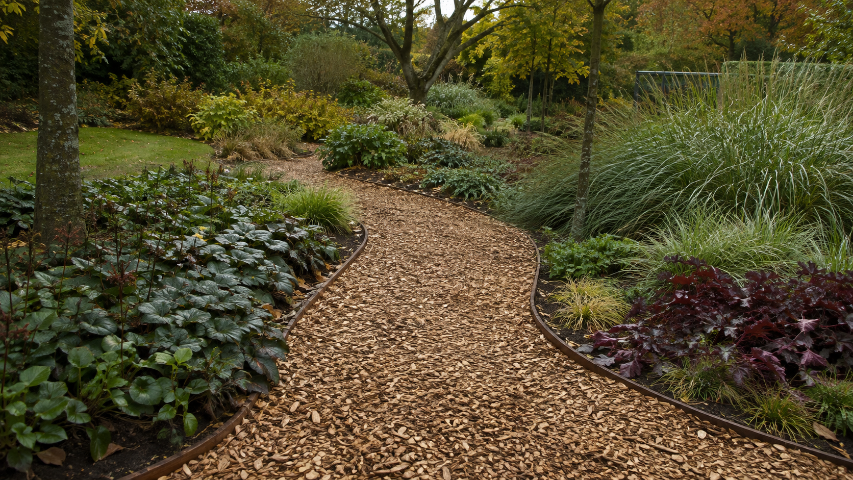 Slingerend tuinpad van houtsnippers door een groene tuin, met randafwerking en beplanting langs de kanten
